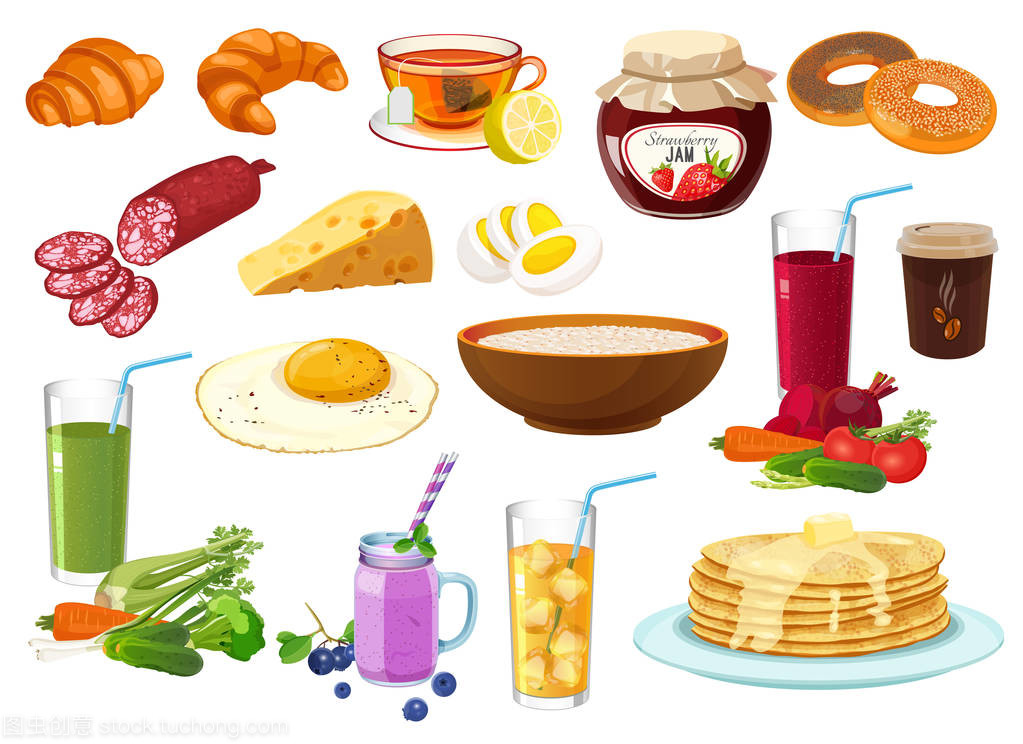 早餐食品图标集合分离上白色插图